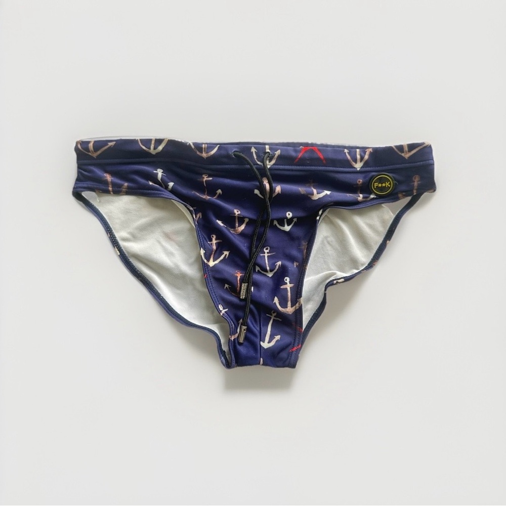 F**K Men’s Swim Briefs Gently Used Drawstring Blue White Red Size S/M